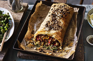 Mushroom, pepper and pesto strudel