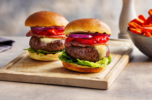 Smoky burger with bacon and grilled red peppers